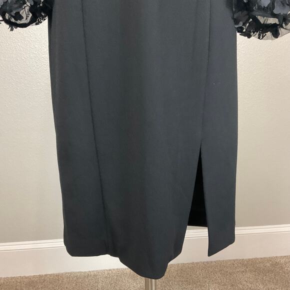 Eliza J Black Long Sleeve Cocktail Dress Size 6 Black 3D Floral Midi Sheath - Picture 8 of 14